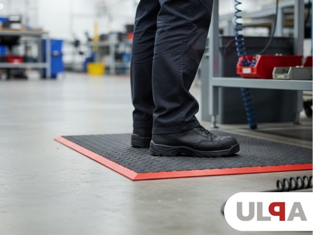 Pracownik produkcji stojący na macie antyzmęczeniowej przy stanowisku pracy w hali produkcyjnej - ergonomiczne rozwiązanie zapobiegające zmęczeniu