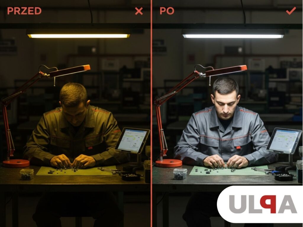 Porównanie oświetlenia stanowiska produkcyjnego - przed wdrożeniem lamp LED i po poprawie ergonomii oświetlenia zgodnie z normami BHP